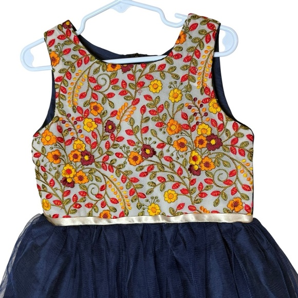 ATUN Girls Embroidered Tutu Dress 6-7 Years Floral Fall Autumn Navy Gold Event - Picture 2 of 5